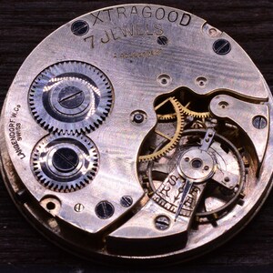 Pu&ograve; includere: Primo piano di un movimento di orologio argentato con il testo "Xtragood 7 Jewels 1 Adjustment" e "Langendorf W.Co. Swiss" sul quadrante.