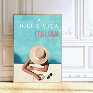 以下が含まれることがあります： 「LA DOLCE VITA ITALIAN SUMMER」の文字がターコイズとピンクで描かれたフレーム入りポスター。麦わら帽子をかぶり、飲み物とサングラスを持った人物がプールのそばにいる様子が描かれています。