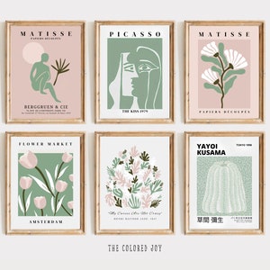 Conjunto de pared de galería estética, arte mural en verde salvia y rosa ruborizado, conjunto de 6 piezas de Matisse, impresión botánica verde, pósteres florales