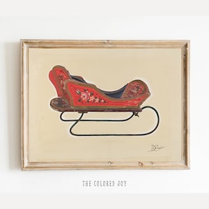 Rode slee print, vintage slee schilderij, vintage slee decor, kerstman kerstslee kunst, antieke vakantie afdrukbare kunst