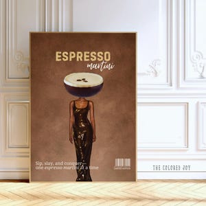 Espresso Martini Vogue Poster - Retro Cocktail Wandkunst, Eklektisches Magazin Print, Vintage Bar Dekor, Surreales Mode Getränk Poster