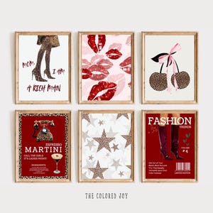 Gallery Girly Prints Red Fashion Wall Art 6 Prints Set Trendy Leopard Print Magazine Cover Decor Aesthetic Decor Lipstick Poster Funky Art