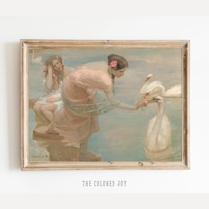 Antique Swan Lake Printable Wall Art - Vintage Soft Pink and Blue Decor, Pastel Farmhouse Nursery Painting DIGITAL PRINT, Swan Poster