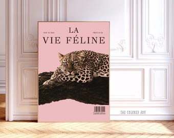 Poster Vogue léopard rose : déco coquette dopamine pour dortoir (téléchargement numérique)