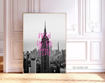 NYC Empire State Building Print: Pink Typography, Vintage Travel Poster (Digital Download)