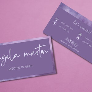 May include: Purple business card with white text that reads "angela martin" and "WEDDING PLANNER". The back of the card has contact information including a phone number, address, website, email address, and social media handles.