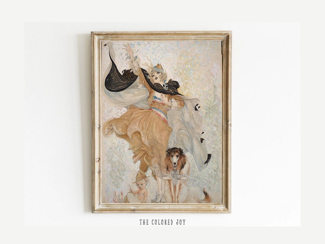 Woman and A Dog Vintage Print, Dog Wall Art, Dog Drawing, Countryside