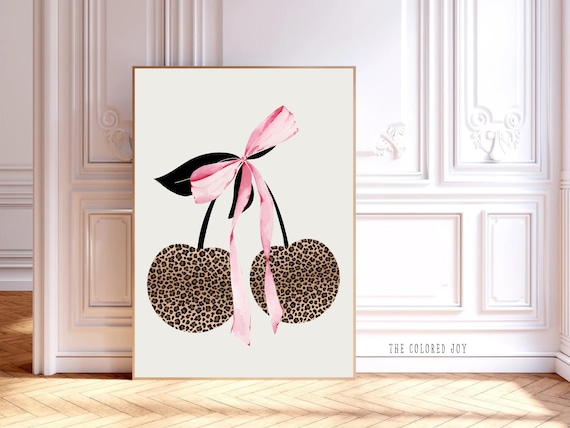 Leopard Cherry Print: Pink Bow, Trendy Girly Room Decor (Digital Download)