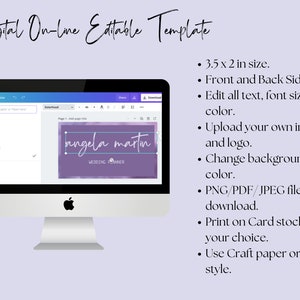 May include: A computer screen displaying a digital template for a wedding planner. The template is 3.5 x 2 inches and features a purple background with the text "angela martin" in white script. The text "wedding planner" is also in white and is smaller than the name. The template can be edited to include a custom image and logo, and the background colour can be changed.