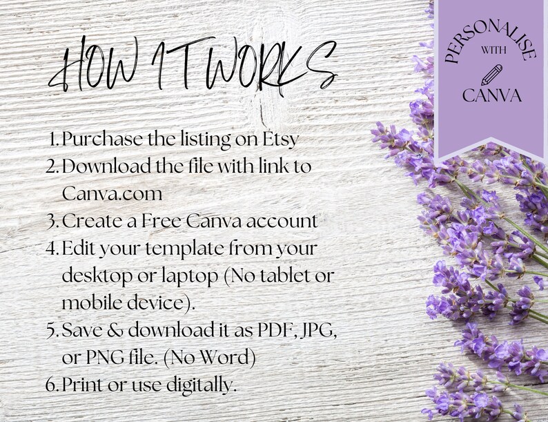 May include: A white wooden background with lavender flowers on the right side of the image. The text "HOW IT WORKS" is written in black at the top of the image. A list of instructions for using a Canva template is written in black below the title. A purple rectangle with the text "PERSONALISE WITH CANVA" is in the upper right corner of the image.