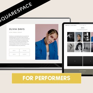 May include: A laptop and tablet display a website template for performers. The website features a photo of a person in a blue blazer, and a media gallery. The text "SQUARESPACE" is in the upper left corner, and "FOR PERFORMERS" is in a yellow banner.