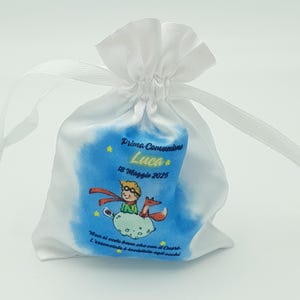 Sacchetto in raso portaconfetti personalizzabile per Comunione, Battesimo, Nascita e per ogni occasione speciale. Tema Piccolo Principe.