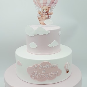 Torta scenografica finta Orsetto e Mongolfiere per Comunione/Battesimo/compleanno in gomma eva e carta. Rosa