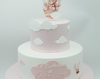 Fake scenic cake Teddy Bear and Hot Air Balloons for Communion/Baptism/Birthday in EVA rubber and paper. Pink