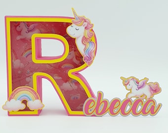 Personalized name with 3D initial and led theme Unicorns and rainbows