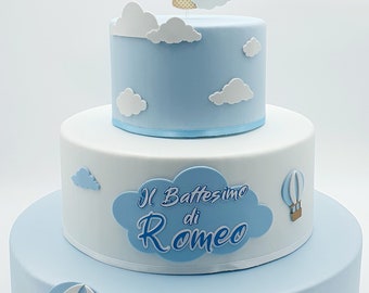 Scenographic fake bear and hot air balloon cake for communion/baptism/birthday in EVA rubber and paper.