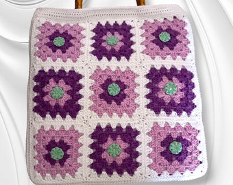 1 PIECE READY FOR DELIVERY White Granny style crochet bag with pink and lilac tiles. Crochet Granny.