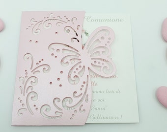 Carved invitation with butterflies customizable for any occasion: Baptism, Communion, Confirmation