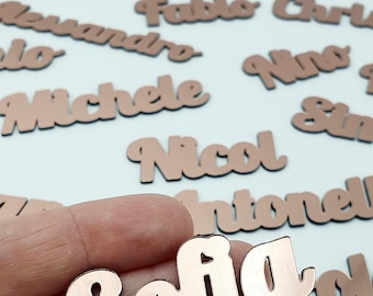 Place Cards Names in mirrored acrylic rose gold, available in other colors: gold, silver.