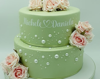 Scenic fake sage green cake, with pearls and fake roses for Wedding Promise/Communion/Baptism/Birthday in EVA rubber.