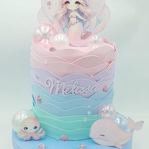 Torta scenografica finta tema Sirenetta/mare, animali marini, tonalità pastello o blu o altri colori a scelta, a onde in gomma eva e carta