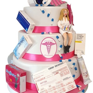 Fake scenographic cake for pharmacy graduation in EVA rubber, moldable foam and paper.