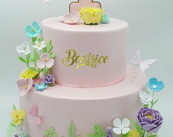 Fake scenographic cake with flowers and butterflies for communion/baptism/birthday in EVA rubber and paper.