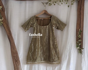 Kurti con lentejuelas doradas brillantes - Top de mujer de estilo indio personalizado