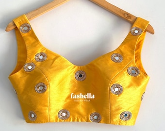 Yellow Saree Blouse with Light Gold Embroidery- Sleeveless blouse for lehengas and saris