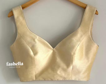 Made to Order Solid Cream Saree Lehenga Blouse Sleeveless Sweetheart neckline Raw Silk