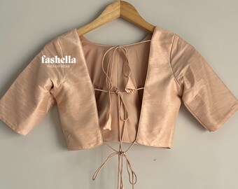 Peach Saree Blouse: High Neck, Open Back, Indian Choli,