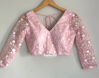 Pink Saree Blouse: Sequin Embroidered Net, 3/4 Sleeve, V Neck