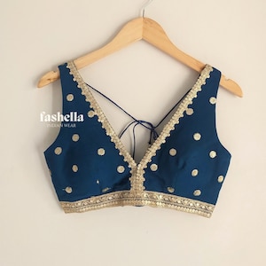 Teal Blue Blouse/ Blue Gold Blouse/ Blue Saree Blouse/ Designer Blouse/ Indian Sari Blouse/ Lehenga Blouse/ Party Saree Blouse/ Blue Choli
