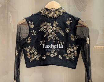 Hand Embroidered Black Saree Blouse: Floral Zardosi embriodery, Indian wear
