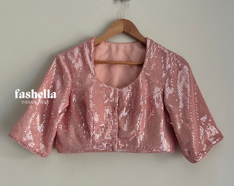 Pink Sequin Saree Blouse, Elbow Sleeve Readymade Blouse