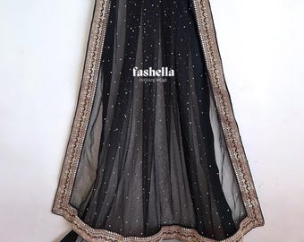 Black & Gold Embroidered Indian Dupatta: Net Fabric, Stone Detail