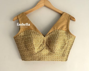 Gold Indian Saree Blouse, Sleeveless Choli