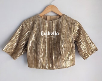 Gold Sequin Saree Blouse: High Neck, Elbow Sleeves