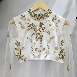 White Saree Blouse/ White Gold Blouse/ Hand Embroidered Blouse/ Lehenga Blouse/ Indian wear/ Cocktail Blouse Ethnic/ Indian Ethnic Wear