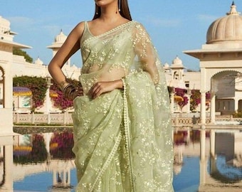 Beautiful Pastel Green Net Saree With Multi Colored Thread Work and Stone  Embroidery and Running Blouse Piece 