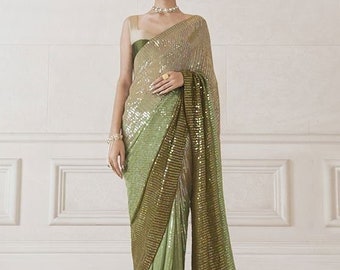 Green Sequin Sari/ Green Saree/ Bollywood Saree/ Manish Malhotra Saree/ Designer Sarees/ Cocktail Saris/ Indian Saree/ Ombre Sequin Sari