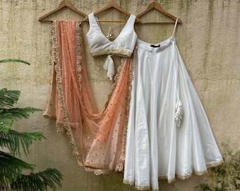 Ivory Raw Silk Lehenga Set: Peach Sequin Dupatta, Indian ethnic wear