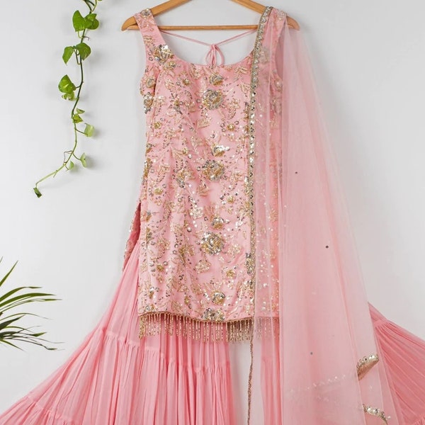 Kurta Sharara Set/ Pink Kurti & Pant/ Pink Sharara Set/ Pastel Pink Kurti/ Pink Indian wear/ Indian outfits/ Indian wear women/ Kurti pant