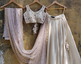 Ivory Lehenga Set: Floral Embroidery, Sequin Net Dupatta, Pastel Color Indian wear for Women
