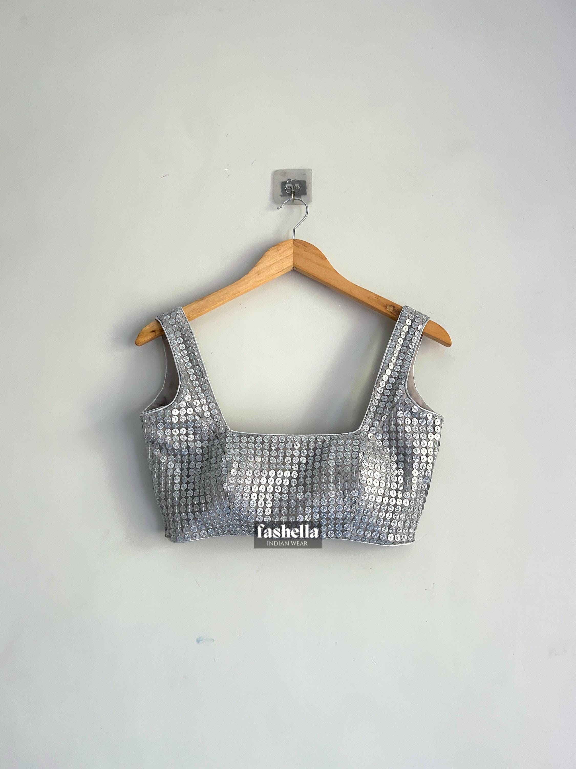 Blusa sari con lentejuelas plateadas: Choli de fiesta sin mangas