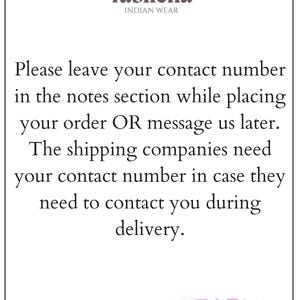May include: A white background with text from fashella, an Indian wear brand. The text asks customers to provide their contact number in the order notes or via message for delivery contact. The website address is also included.