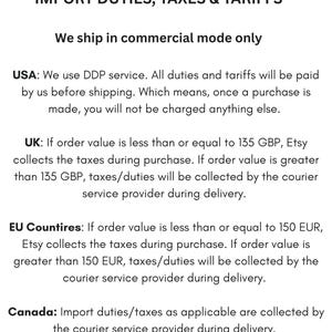 May include: A white background with the "fashella INDIAN WEAR" logo. The text below details import duties, taxes, and tariffs. Information is provided for the UK, EU, Canada, and other countries, clarifying shipping policies and tax collection.