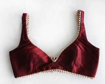 Maroon Bralette Blouse: Art Raw Silk, Gold Edging