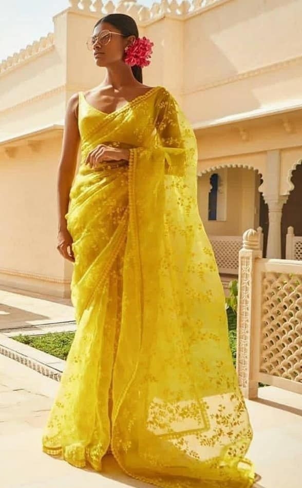 Yellow Sari/ Sari With Blouse/ Indian Sari Fashion/ Designer Sari