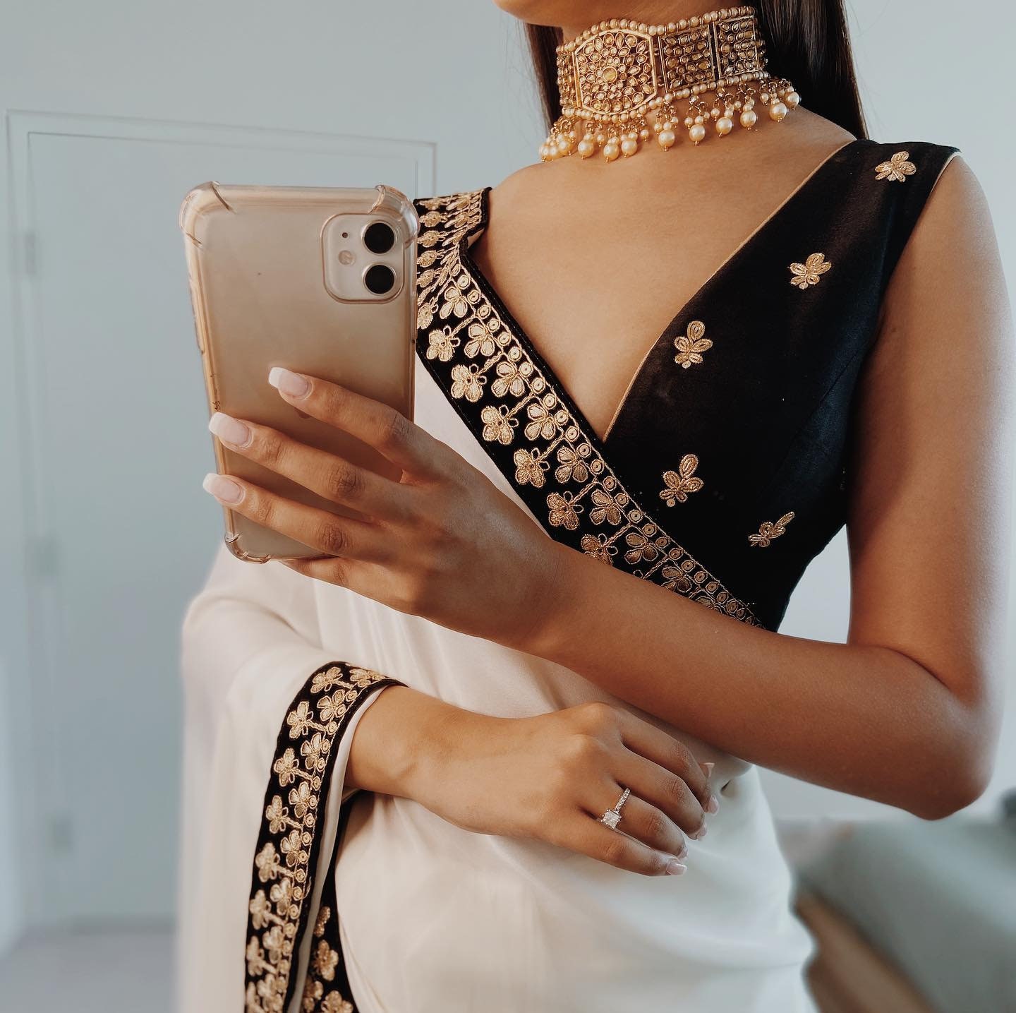 Black and white party wear saree deals